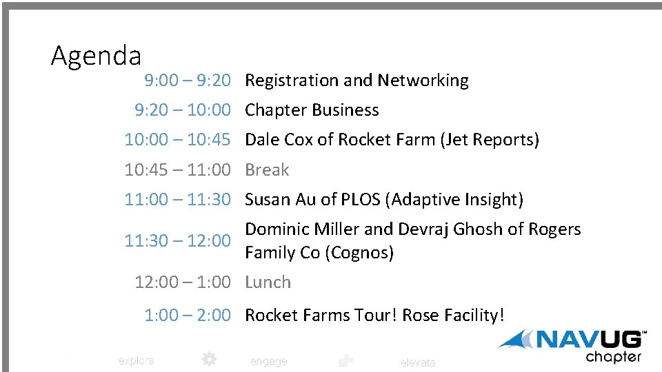 Agenda 9: 00 – 9: 20 Registration and Networking 9: 20 – 10: 00