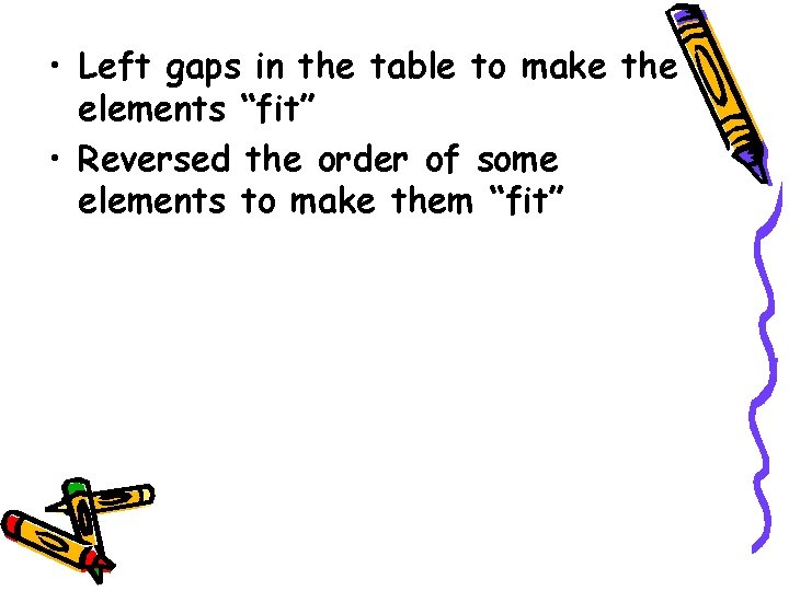  • Left gaps in the table to make the elements “fit” • Reversed