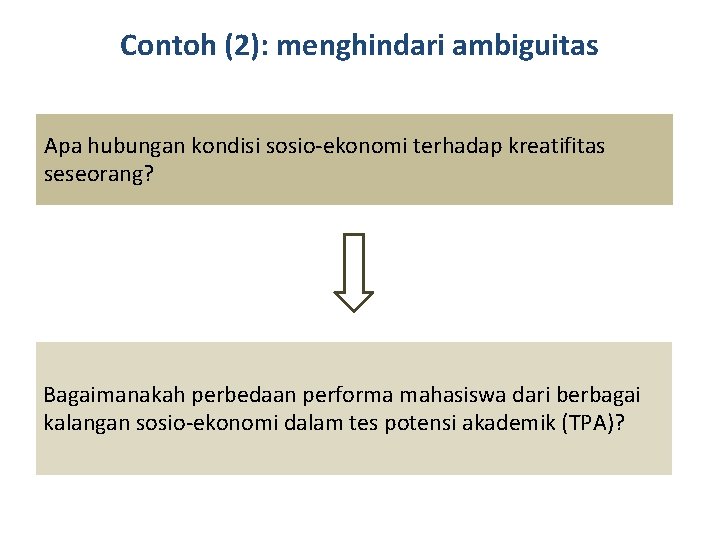 Contoh (2): menghindari ambiguitas Apa hubungan kondisi sosio-ekonomi terhadap kreatifitas seseorang? Bagaimanakah perbedaan performa