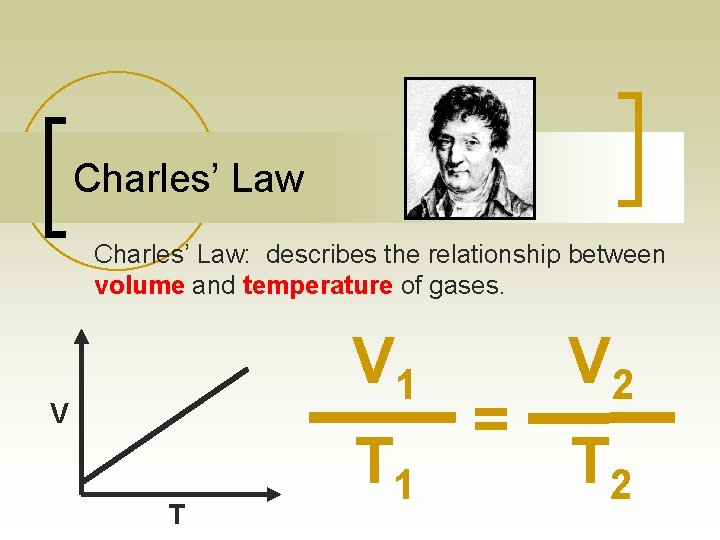 Charles’ Law: describes the relationship between volume and temperature of gases. V 1 V