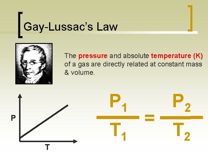 Gay-Lussac’s Law The pressure and absolute temperature (K) of a gas are directly related