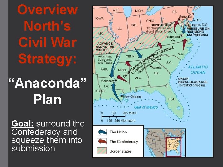 Overview North’s Civil War Strategy: “Anaconda” Plan Goal: surround the Confederacy and squeeze them