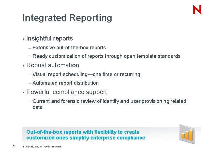 Integrated Reporting • • • Insightful reports – Extensive out-of-the-box reports – Ready customization