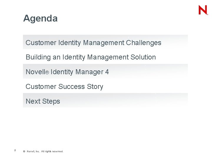 Agenda Customer Identity Management Challenges Building an Identity Management Solution Novell® Identity Manager 4