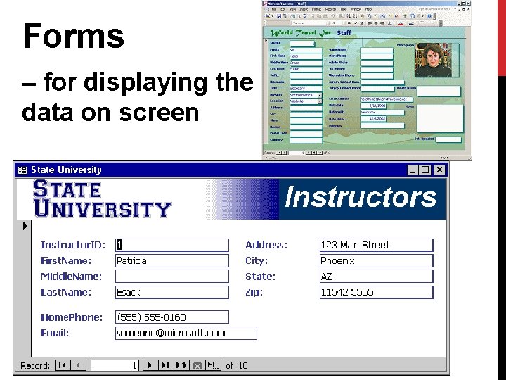 Forms – for displaying the data on screen 