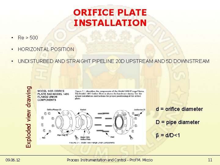 ORIFICE PLATE INSTALLATION • Re > 500 • HORIZONTAL POSITION Exploded view drawing •