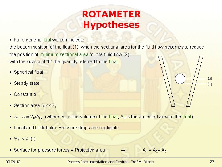 ROTAMETER Hypotheses • For a generic float we can indicate: the bottom position of