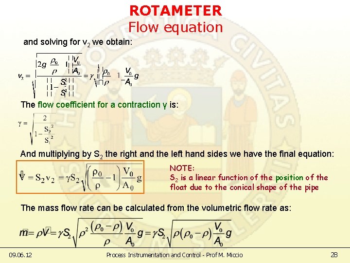 ROTAMETER Flow equation and solving for v 2 we obtain: The flow coefficient for