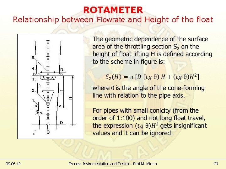 ROTAMETER Relationship between Flowrate and Height of the float 09. 06. 12 Process Instrumentation