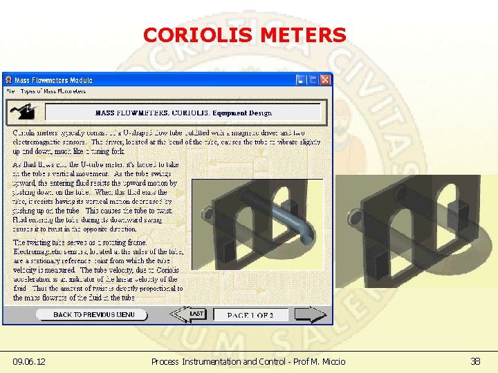 CORIOLIS METERS 09. 06. 12 Process Instrumentation and Control - Prof M. Miccio 38