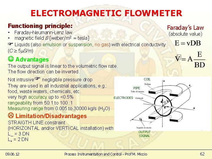 ELECTROMAGNETIC FLOWMETER Functioning principle: Faraday’s Law Faraday-Neumann-Lenz law (absolute value) magnetic field B [weber/m