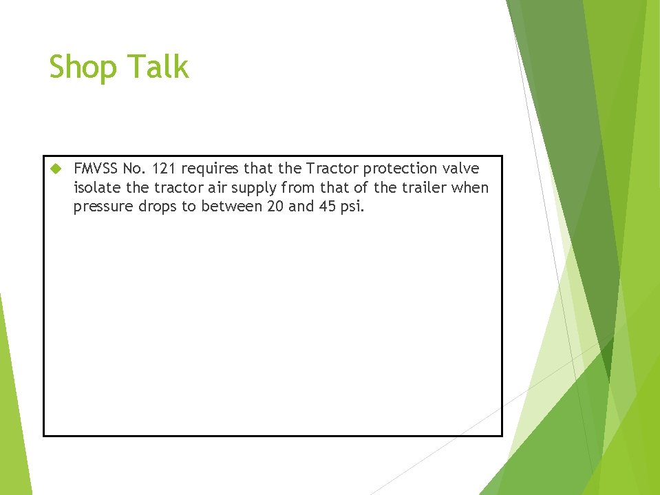 Shop Talk FMVSS No. 121 requires that the Tractor protection valve isolate the tractor