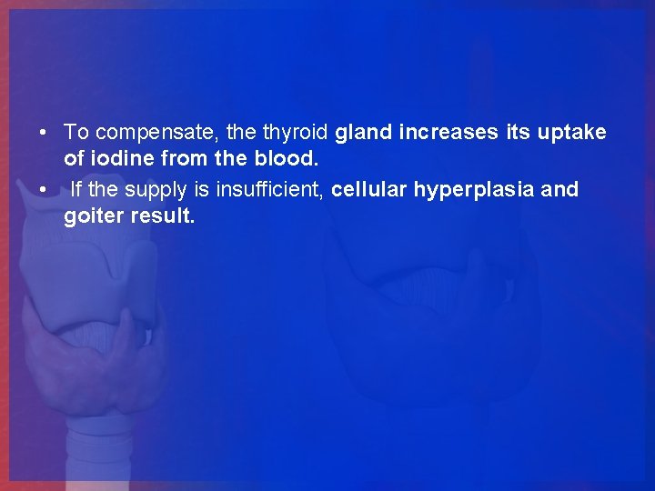  • To compensate, the thyroid gland increases its uptake of iodine from the