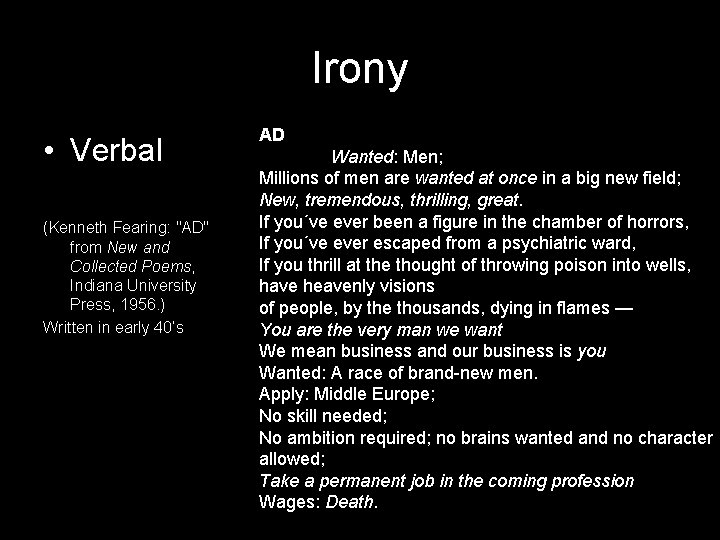 Irony • Verbal (Kenneth Fearing: "AD" from New and Collected Poems, Indiana University Press,