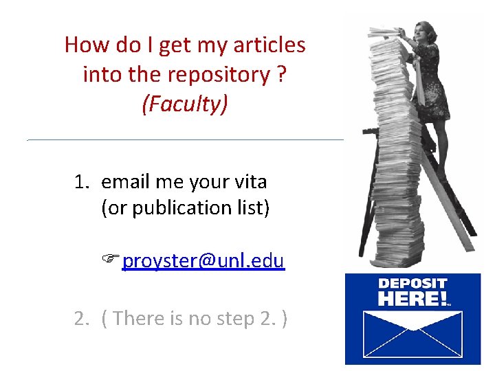 How do I get my articles into the repository ? (Faculty) 1. email me