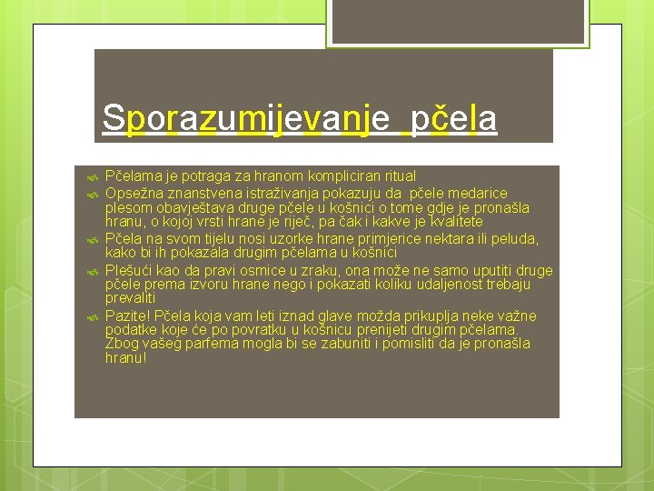 Sporazumijevanje pčela Pčelama je potraga za hranom kompliciran ritual Opsežna znanstvena istraživanja pokazuju da