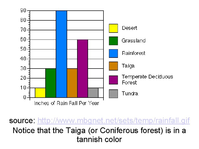 source: http: //www. mbgnet. net/sets/temp/rainfall. gif Notice that the Taiga (or Coniferous forest) is