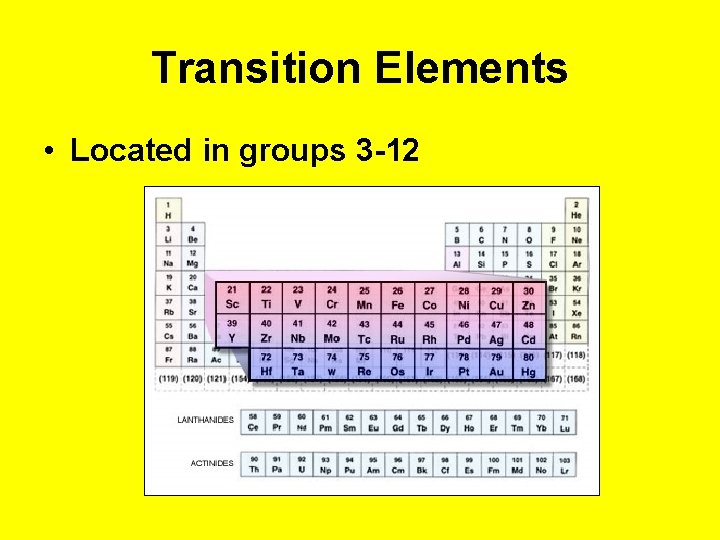 Transition Elements • Located in groups 3 -12 