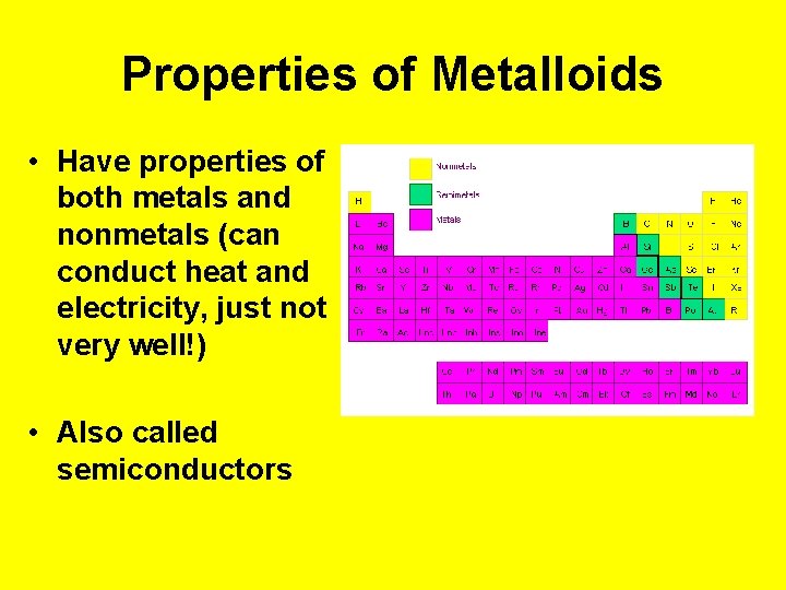 Properties of Metalloids • Have properties of both metals and nonmetals (can conduct heat