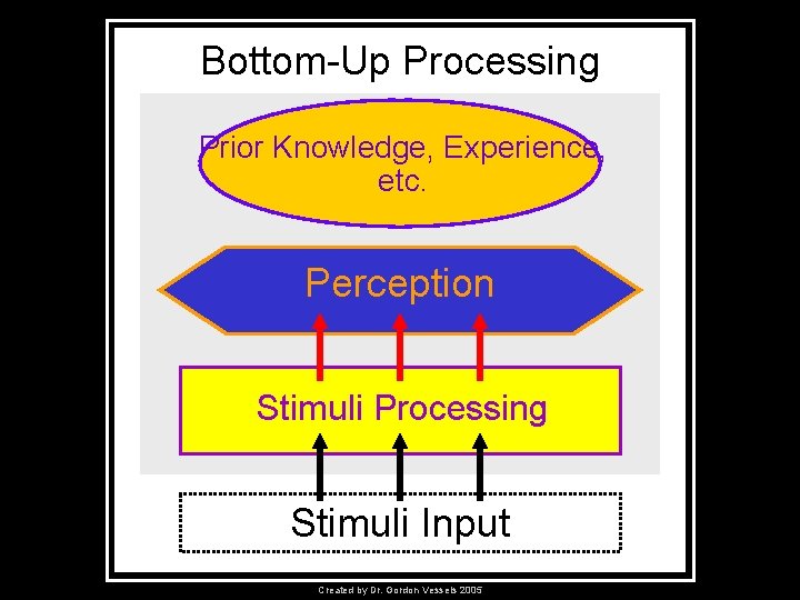 Bottom-Up Processing Prior Knowledge, Experience, etc. Perception Stimuli Processing Stimuli Input Created by Dr.