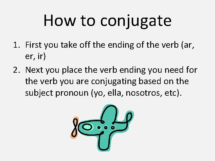 How to conjugate 1. First you take off the ending of the verb (ar,