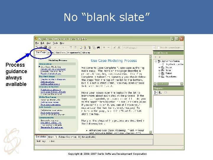 No “blank slate” Process guidance always available Copyright © 2006 -2007 Serlio Software Development