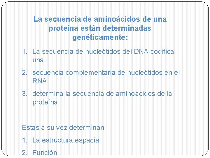 La secuencia de aminoácidos de una proteína están determinadas genéticamente: 1. La secuencia de