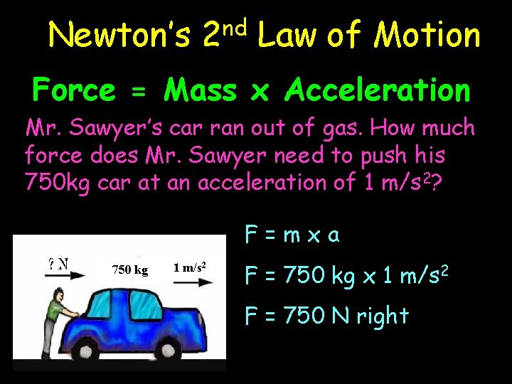 Newton’s nd 2 Law of Motion Force = Mass x Acceleration Mr. Sawyer’s car