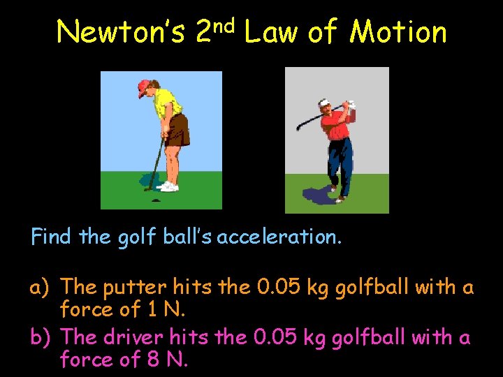 Newton’s nd 2 Law of Motion Find the golf ball’s acceleration. a) The putter