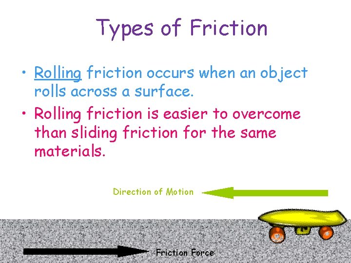 Types of Friction • Rolling friction occurs when an object rolls across a surface.