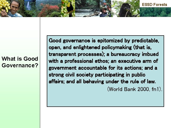 ESSD Forests What is Good Governance? Good governance is epitomized by predictable, open, and