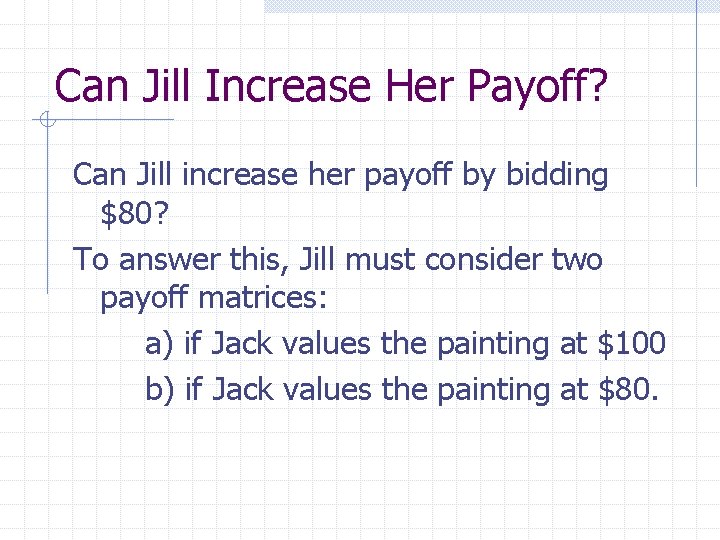 Can Jill Increase Her Payoff? Can Jill increase her payoff by bidding $80? To