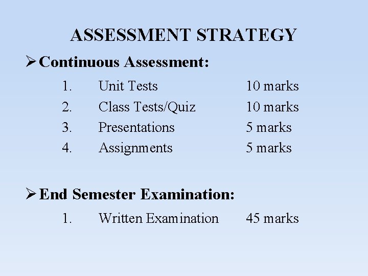 ASSESSMENT STRATEGY Ø Continuous Assessment: 1. 2. 3. 4. Unit Tests Class Tests/Quiz Presentations ASSESSMENT STRATEGY Ø Continuous Assessment: 1. 2. 3. 4. Unit Tests Class Tests/Quiz Presentations