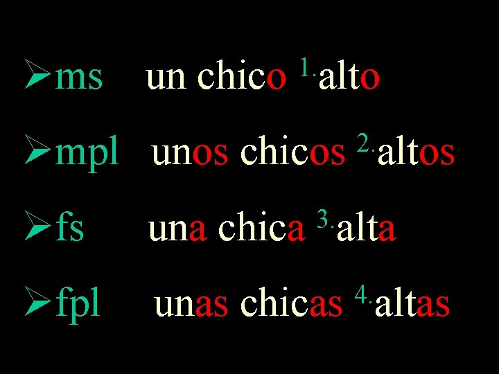  ms un chico 1. alto mpl unos chicos fs fpl una chica 2.