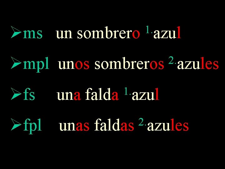  ms un sombrero 1. azul mpl unos sombreros fs una falda 2. azules