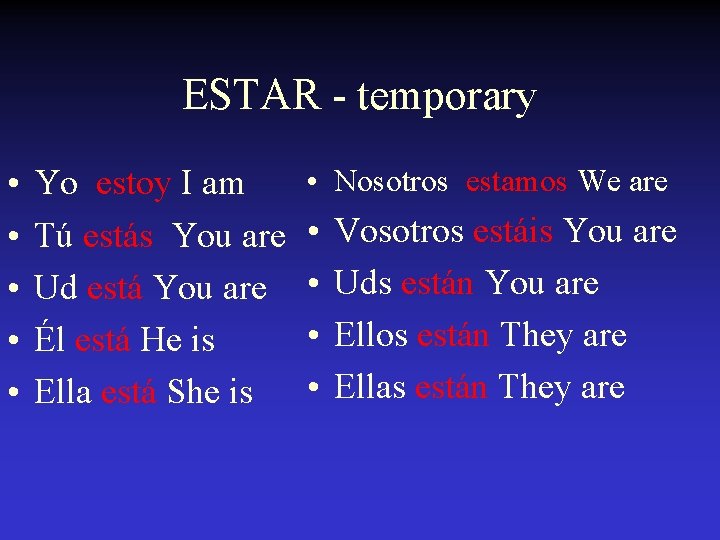 ESTAR - temporary • • • Yo estoy I am Tú estás You are