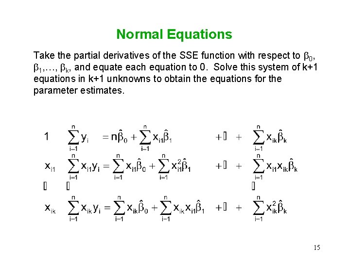 Normal Equations Take the partial derivatives of the SSE function with respect to 0, Normal Equations Take the partial derivatives of the SSE function with respect to 0,