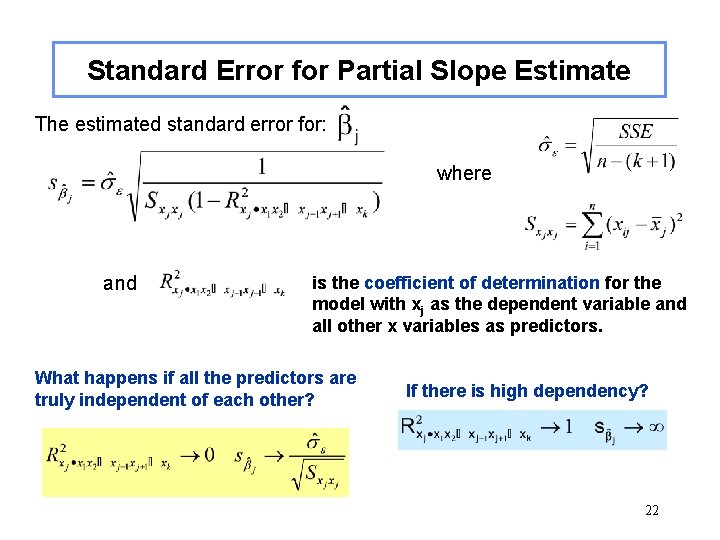 Standard Error for Partial Slope Estimate The estimated standard error for: where and is Standard Error for Partial Slope Estimate The estimated standard error for: where and is