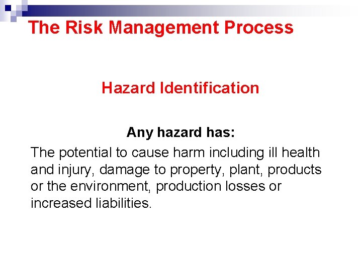 The Risk Management Process Hazard Identification Any hazard has: The potential to cause harm