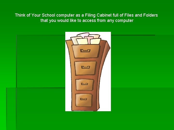 Think of Your School computer as a Filing Cabinet full of Files and Folders