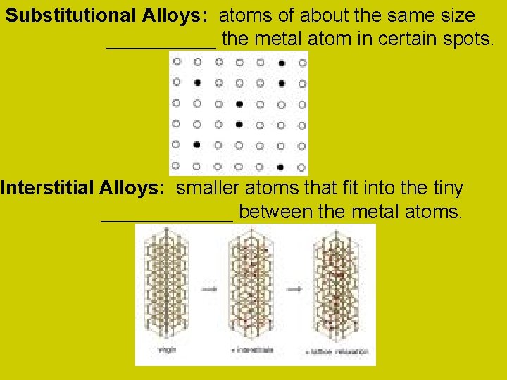 Substitutional Alloys: atoms of about the same size _____ the metal atom in certain