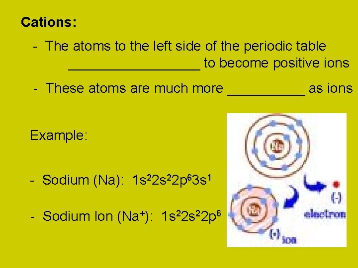Cations: - The atoms to the left side of the periodic table _________ to