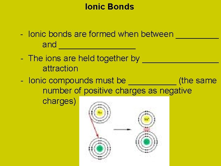 Ionic Bonds - Ionic bonds are formed when between _____ and ________ - The