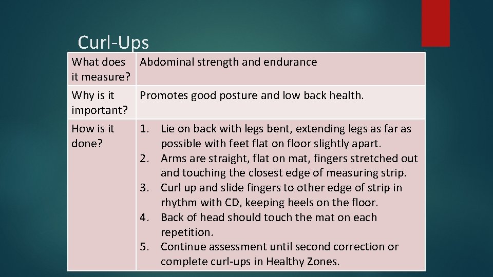 Curl-Ups What does Abdominal strength and endurance it measure? Why is it Promotes good