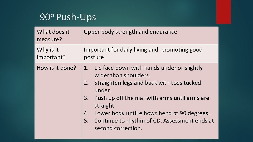 90 o Push-Ups What does it measure? Upper body strength and endurance Why is