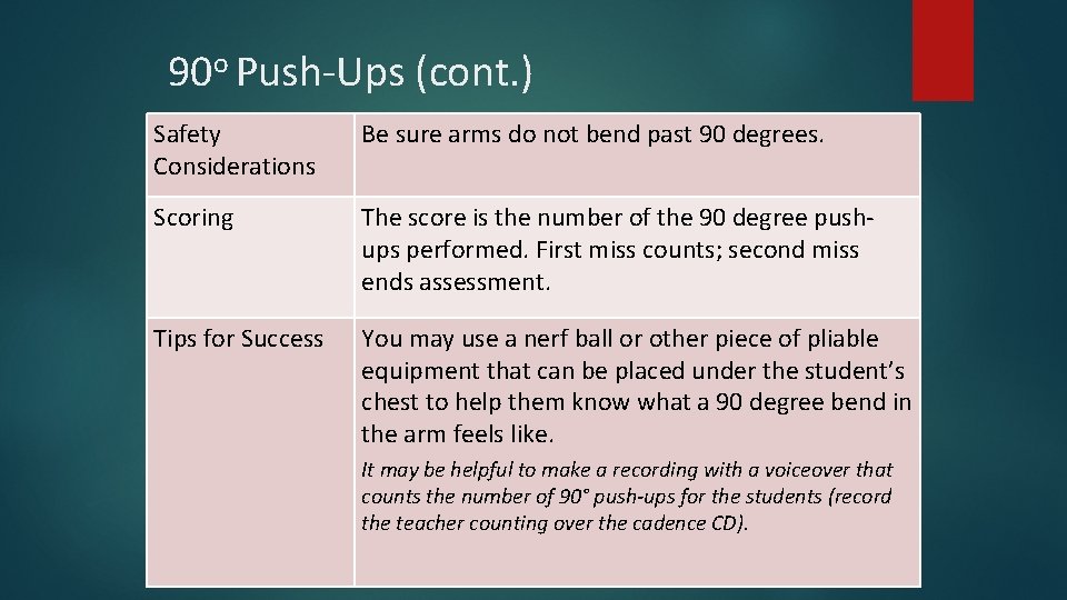 90 o Push-Ups (cont. ) Safety Considerations Be sure arms do not bend past