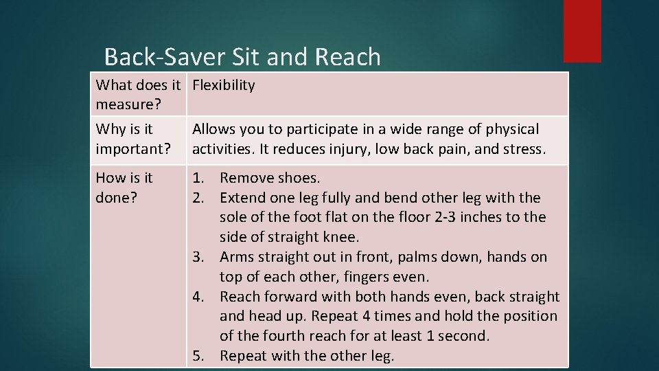 Back-Saver Sit and Reach What does it Flexibility measure? Why is it important? Allows
