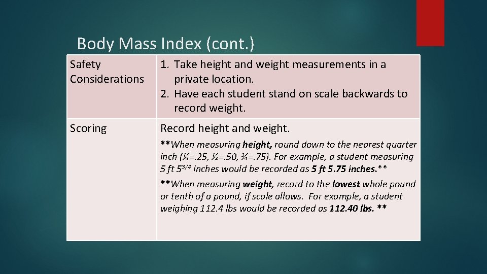 Body Mass Index (cont. ) Safety Considerations 1. Take height and weight measurements in