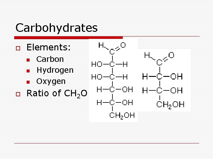 Carbohydrates o Elements: n n n o Carbon Hydrogen Oxygen Ratio of CH 2