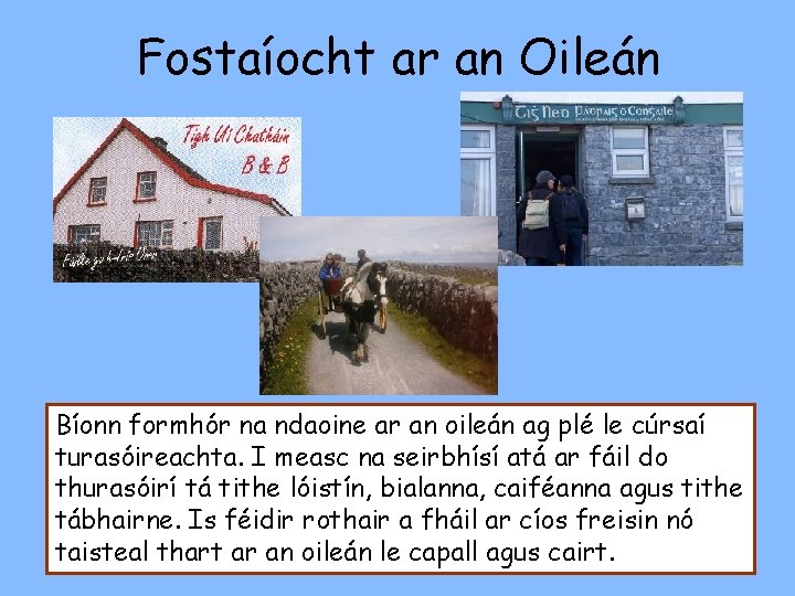 Fostaíocht ar an Oileán Bíonn formhór na ndaoine ar an oileán ag plé le